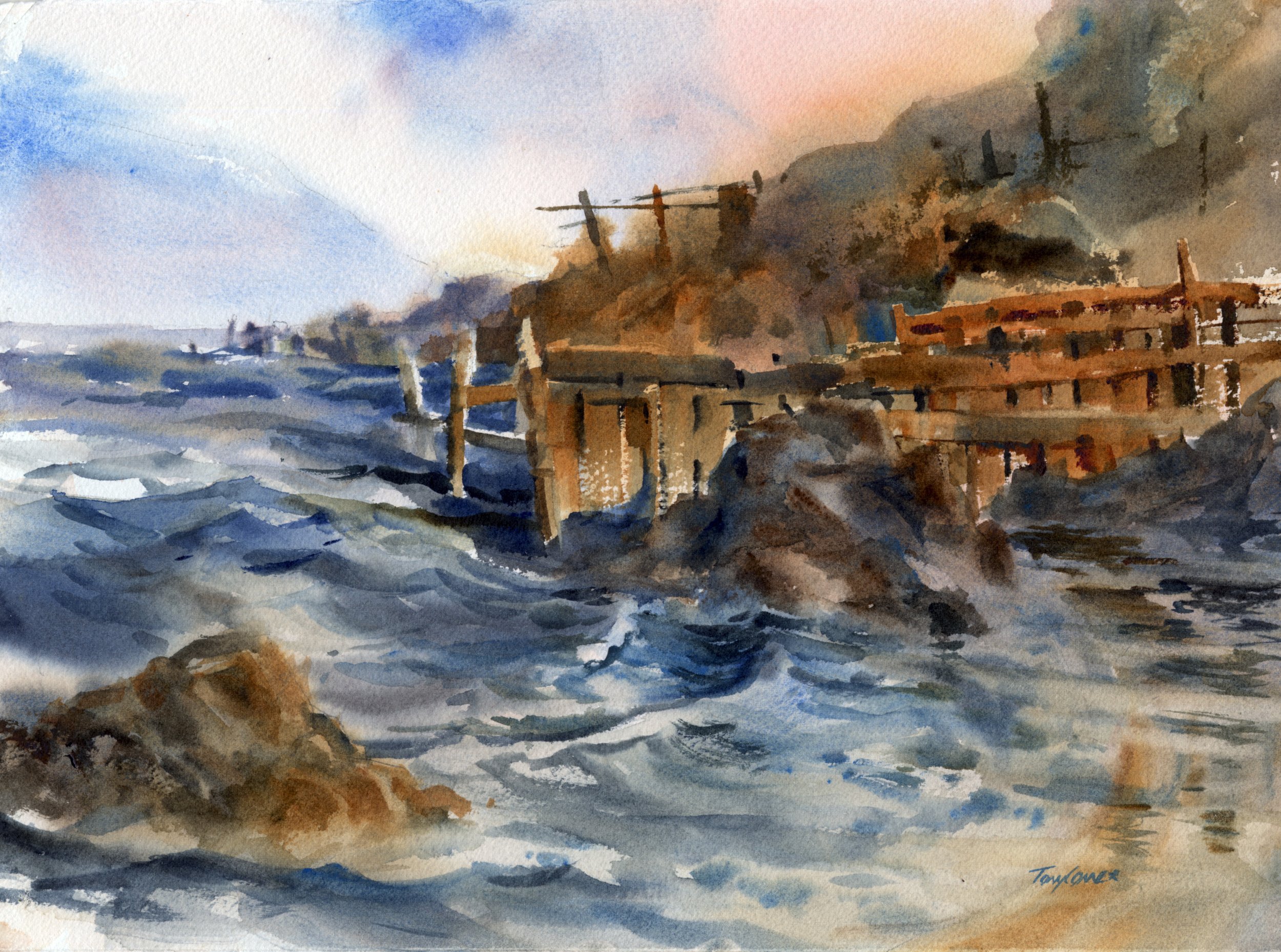 Timber Jetty - original watercolor seascape painting by Tony